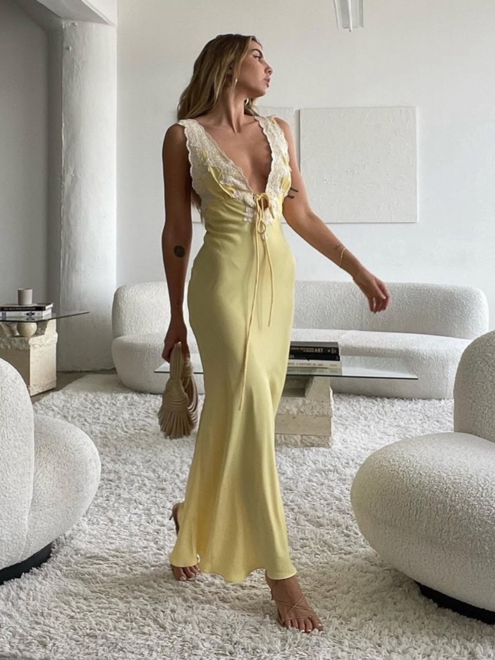 NEW Rumored Venice Lace-Trim Maxi Dress butter yellow size XS - Picture 14 of 14